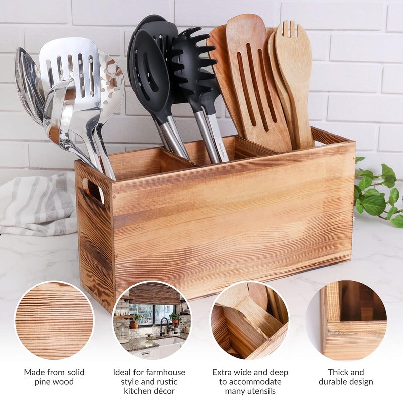 CB Accessories Wood Utensil Holder Organizer for Counter - Large Wooden Utensil Caddy for Countertop - 3 Compartment Cooking Tool Storage for Spatula - Farmhouse Kitchen Decor and Accessories - Image 2